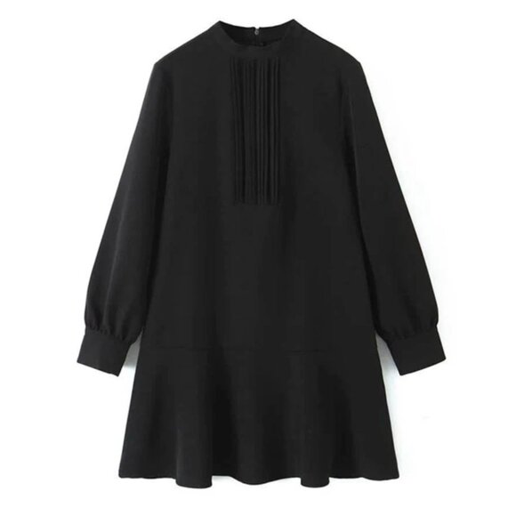 Zara Pintucked Dress w/ Lace Trim Size XS Black Crepe Flare Shift Mini Cocktail - Picture 1 of 7